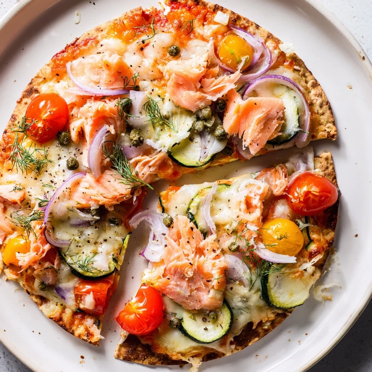 Crispy golden leftover salmon tortilla pizza with melted mozzarella, fresh dill, and vibrant cherry tomatoes