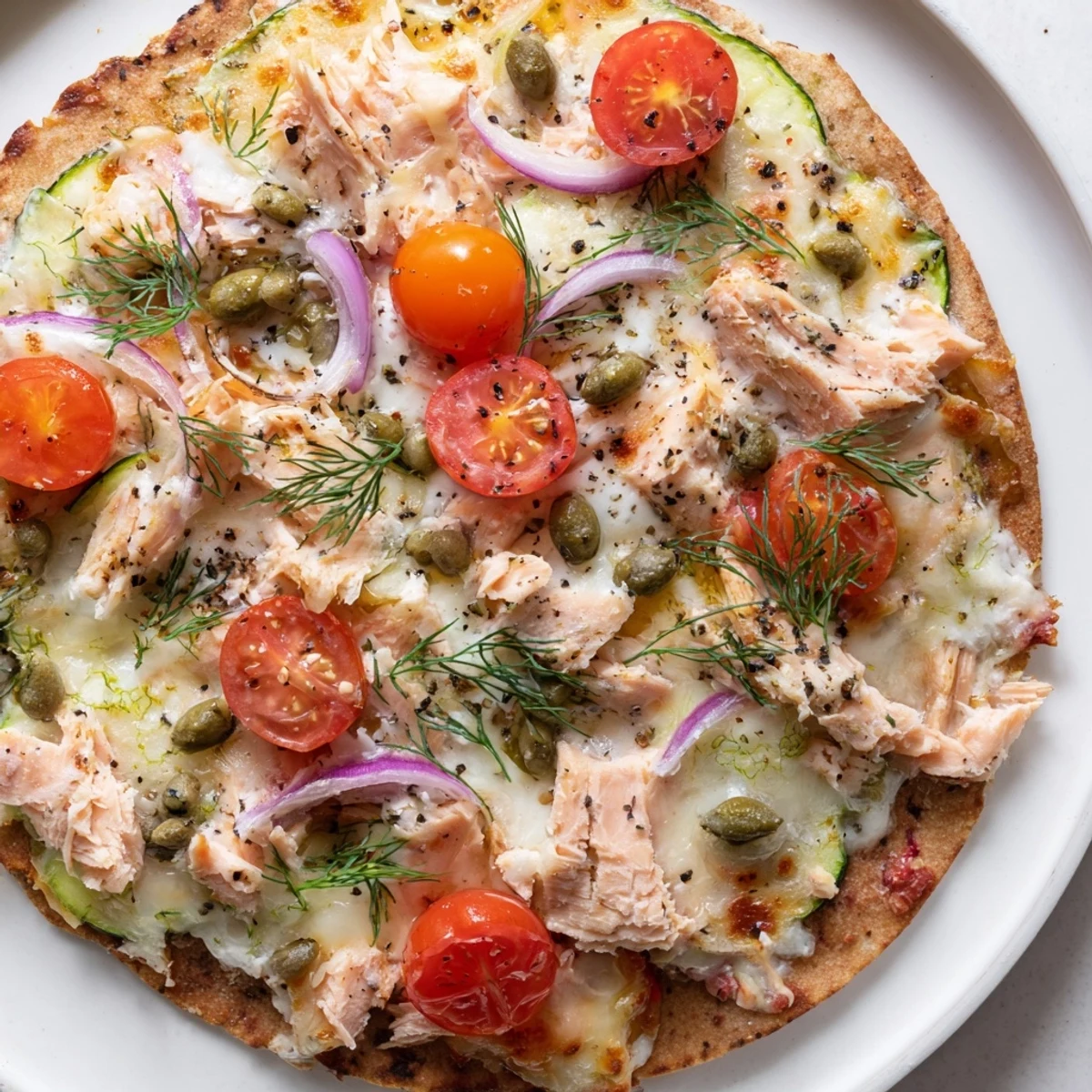 Flaked salmon nestled on a crunchy tortilla pizza topped with bubbly cheese and thinly sliced red onion
