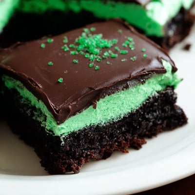 Plated St. Patricks Day Mint Brownies cut into squares, featuring a creamy mint layer and dark chocolate ganache for a festive dessert.