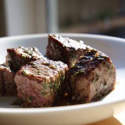 Golden garlic butter sauce coats tender steak bites, garnished with fresh parsley and thyme.  