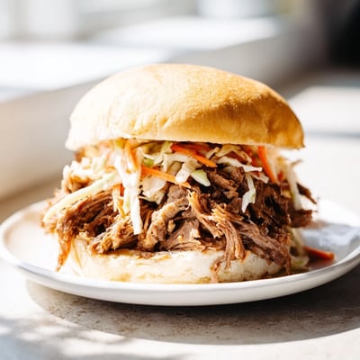 Tender shredded beef slow-cooked with spices and Worcestershire, served on soft brioche buns with pickles.