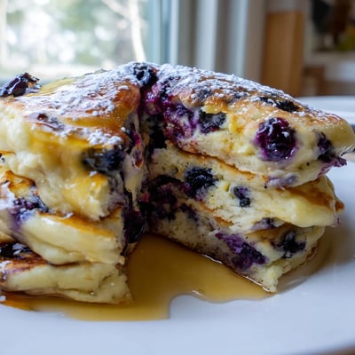 Fluffy Lemon Blueberry Ricotta Pancakes glisten with maple syrup, topped with extra blueberries and a dusting of powdered sugar.