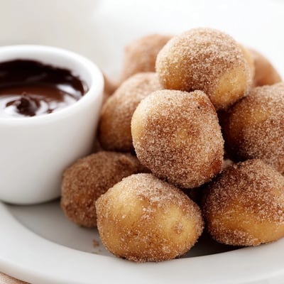 Warm Cinnamon Sugar Donut Holes with Chocolate Dip sprinkled with cinnamon sugar on a rustic wooden board.