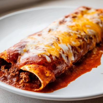 A close-up of Beef Enchiladas with Red Sauce and Cheese, rich red sauce, golden cheese, and soft corn tortillas.  