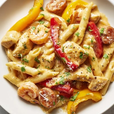 Fork twirls penne pasta in rich, spicy Mardi Gras Jambalaya Pasta, garnished with parsley and lemon wedges on a rustic plate.