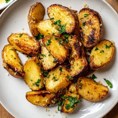 Fork-tender Lemon Garlic Roasted Potatoes marinated in olive oil and lemon juice, served hot alongside grilled chicken.