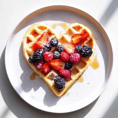 Golden brown heart shaped waffles stacked high, topped with a vibrant medley of ripe berries.