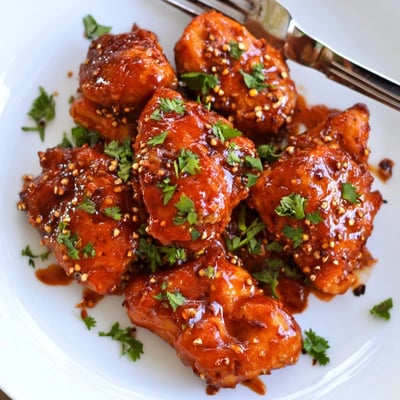 Baked Chicken Diablo pieces coated in zesty red sauce with fresh parsley garnish