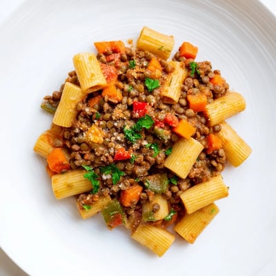 Thick rich healthy beef and lentil bolognese simmering in a rustic pot with grated Parmesan on top