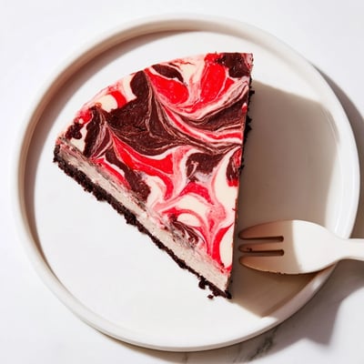 Decadent chocolate strawberry swirl cheesecake featuring marbled strawberry topping over rich cocoa infused filling