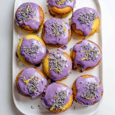Bite-sized lemon bundt cakes topped with smooth floral lavender icing and dried lavender buds