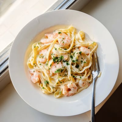 Tender shrimp twirled with fettuccine noodles in rich garlic Parmesan cream sauce