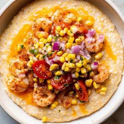Plated Southern-style shrimp grits featuring sautéed seafood and vibrant vegetable topping