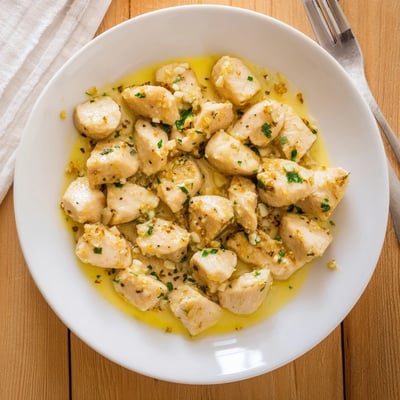 Savory tender chicken pieces sizzling in melted garlic butter sauce with herbs sprinkled on top