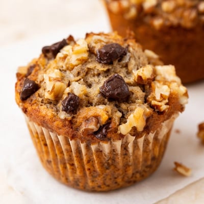 Freshly baked wholesome banana nut muffins with chunks of ripe banana and crunchy pecans
