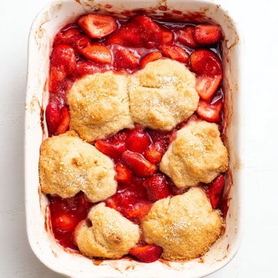 Warm fresh strawberry cobbler recipe served with vanilla ice cream for summer dessert