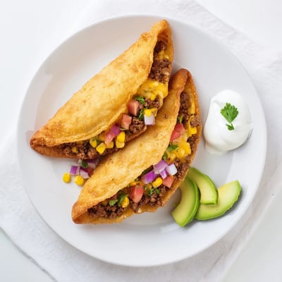 Homemade spicy crispy Mexican taco pockets filled with savory ground beef and fresh vegetables ready for serving