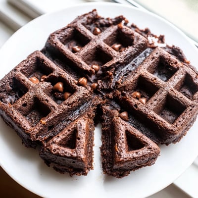 Warm fudgy brownie waffles drizzled with syrup and topped with ice cream